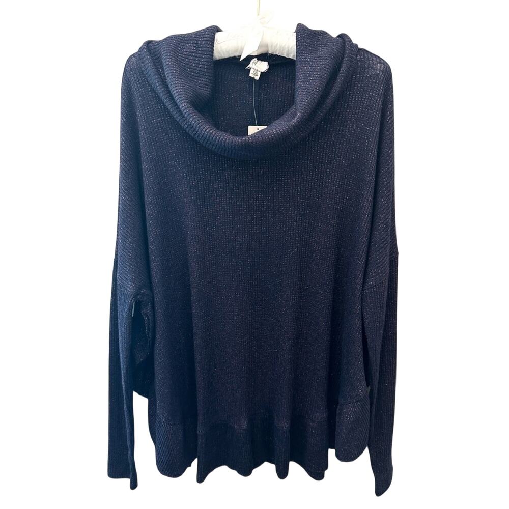 ANTHROPOLOGIE Navy Metallic Cowl Neck Sweater Oversized Knit Boho NWT | M/L